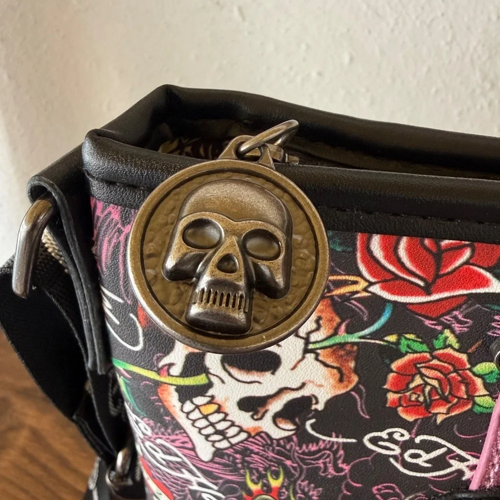 Ed Hardy Skull Roses‎ Tattoo Crossbody Bag Studded Y2K Purse NWT Metallic Pink